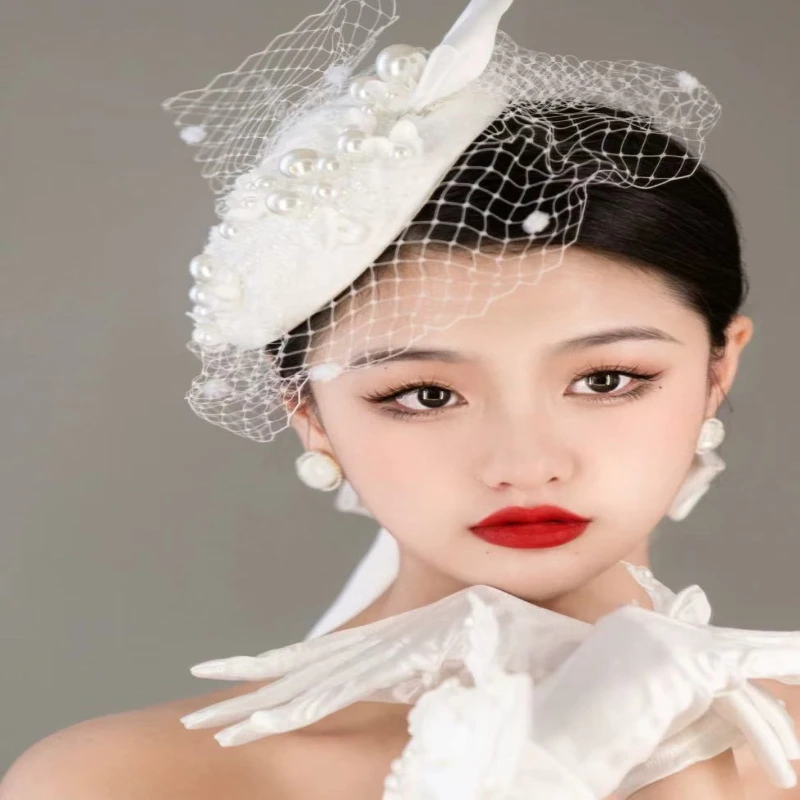 

French Style British Socialite Pearl Billycock Wool Top Hats Elegant Party Dinner Dress Wedding Bow Headdress grace Berets