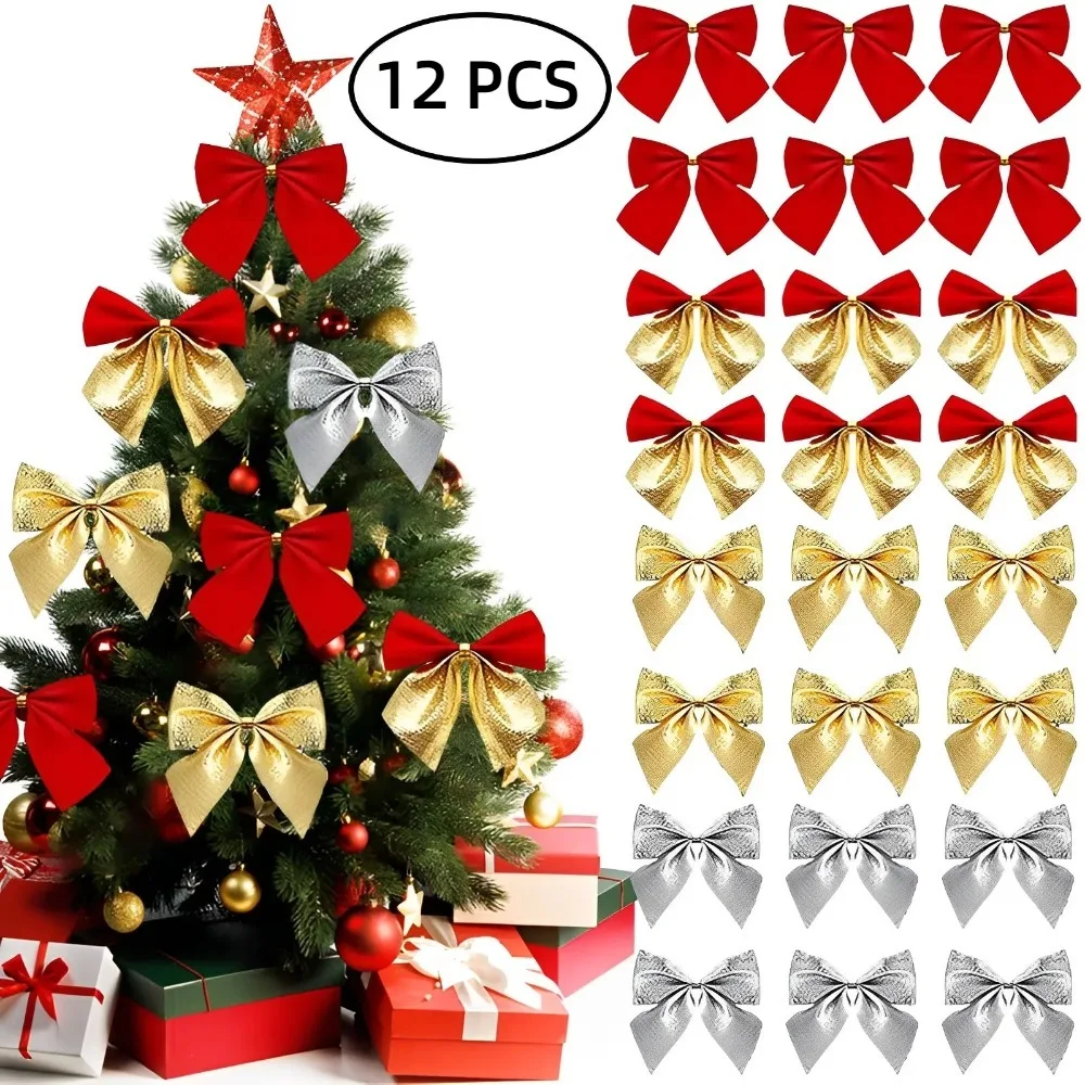 

12pcs Flocking Christmas Bow Mini Bowknot Pendant Xmas Tree Ornaments DIY Gifts New Year Christmas Decorations Home Decoration