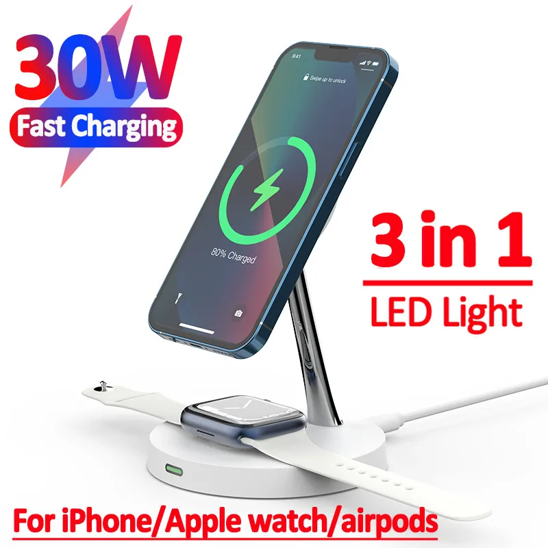 3 In1 Magnetic Fast Wireless Charger Stand Macsafe For iPhone 15 14 13 Pro Max Apple Watch Airpods 30W LED Fast Charging Station