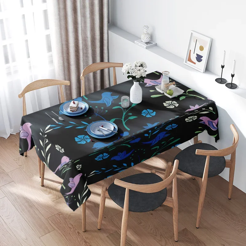 Black Tablecloth with Flowers DecorFloral Printed Polyester Dining Room Table Cover Blue Green Pink Black Pattern