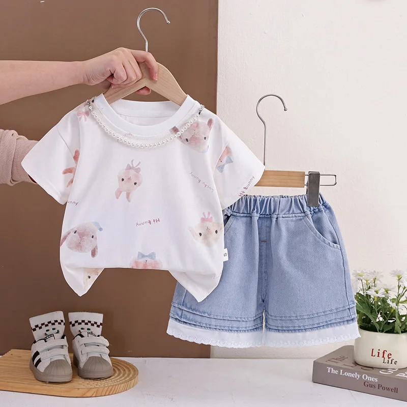 Toddler Girls Boutique Outfits 2026 New Baby Girl Summer Clothes Cute Cartoon Rabbit Short Sleeve Tops and Shorts 2 Piece Set