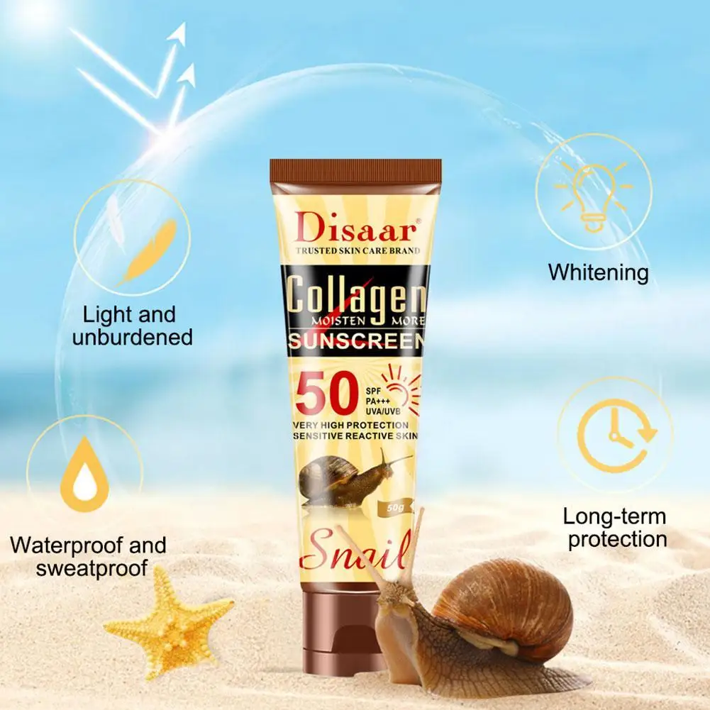 50g colágeno Caracol protector solar crema Protector Facial bloqueador solar Spf 50 Gel loción aislante blanqueamiento crema hidratante Facial sol