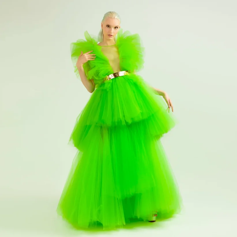 فساتين خضراء فلورية بدون أكمام بطبقات على شكل حرف V فستان نسائي أنيق طويل للحفلات على شكل حرف A فساتين حفلات راقية إضافية #3