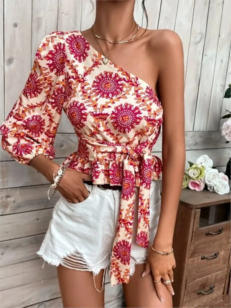 

Women's Summer New Fashionable Mandala Printed Single Shoulder Lantern Sleeve With Ruffle Hem Strap Shirt Strap Top