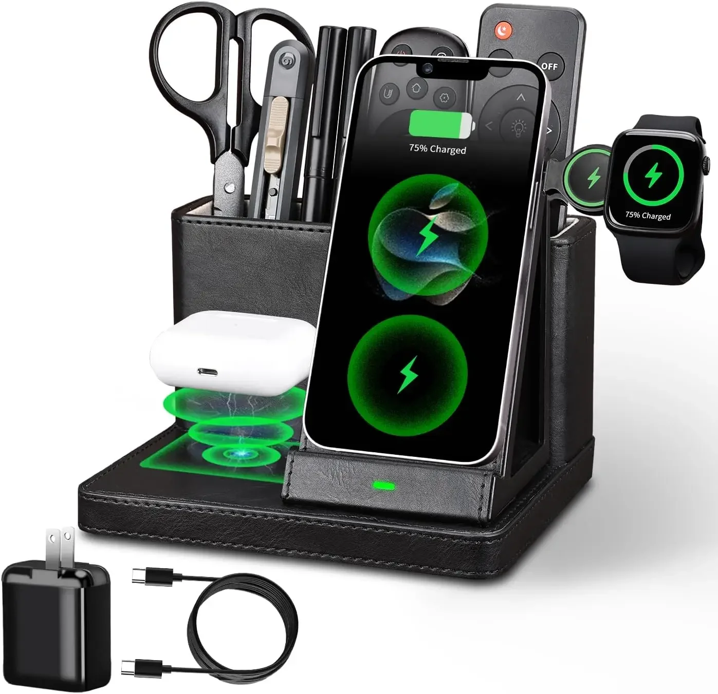 Desk Organizer with Phone Charger Nightstand Desktop Accessories Pen Holder Remote Control