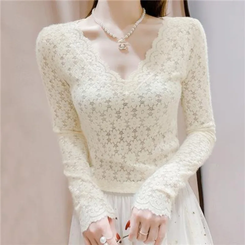 V-Neck Lace Mesh Long Sleeve Top Women | Sexy Low Cut Cropped Sheer European Blouse S-3XL