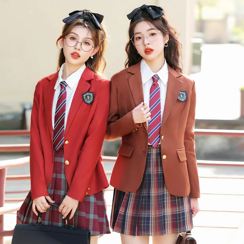 Outono inverno novo terno feminino de manga longa 2 peças conjunto profissional roupa jk uniforme estilo preppy blazer e saia xadrez