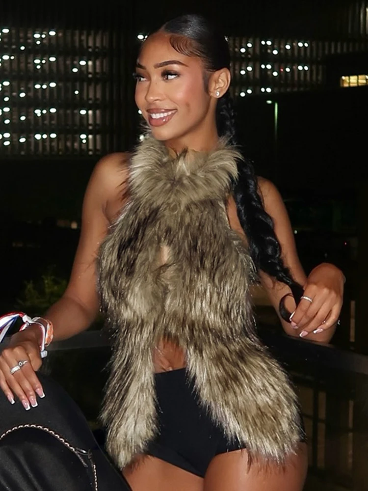 Women's Faux Fur Tank Tops 2025 Autumn Wither Cut Out Front Backless Sleeveless Irregular Crop Top High Street Fashion Vest