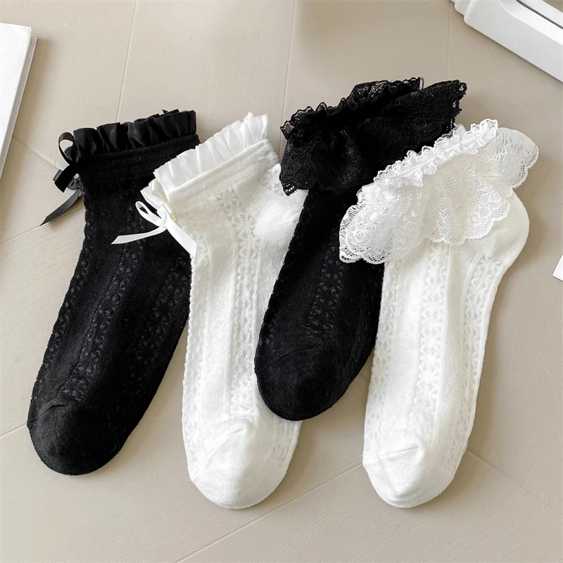 Women\'s Socks Cute Spring Summer New Solid Color Bow Sweet Short Socks Female Breathable Hollow Out Thin Socks Lace Fashion Soft