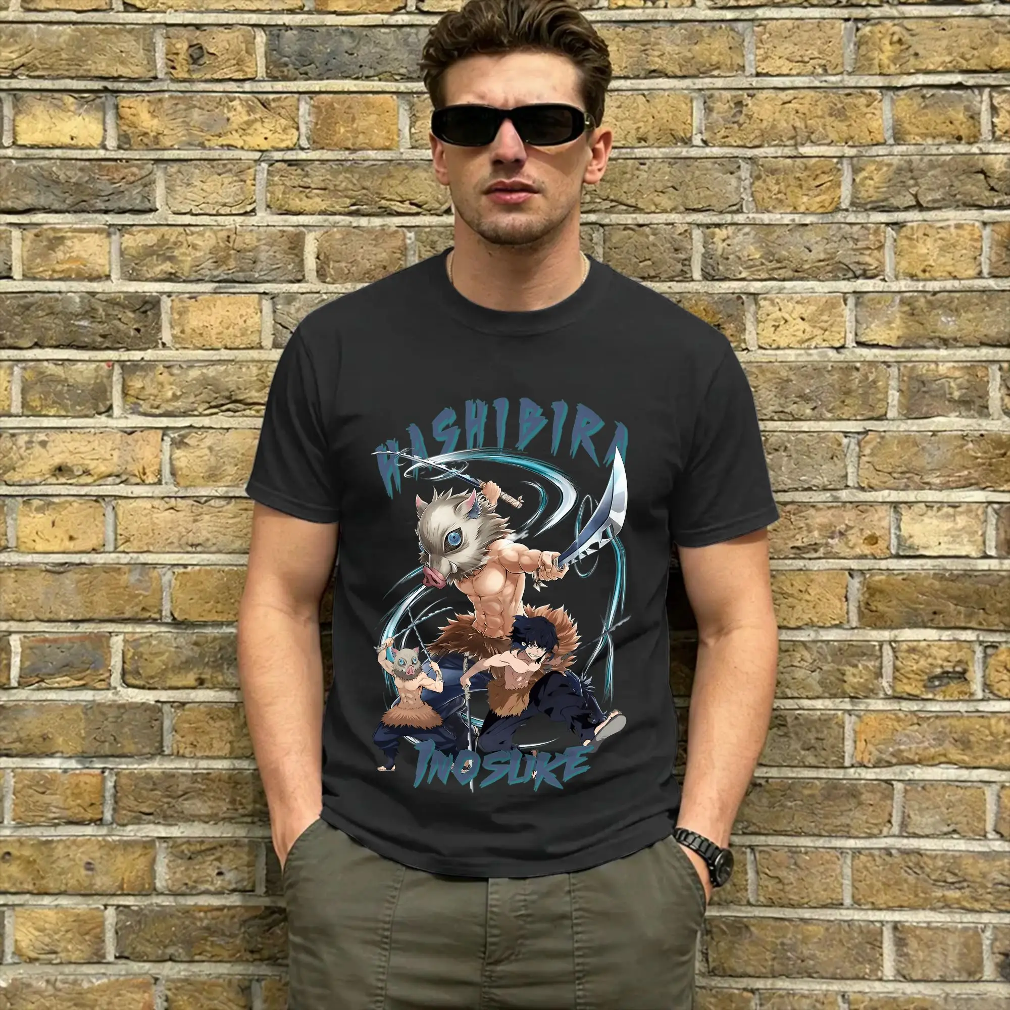 Men T-Shirt Inosuke Casual Pure Cotton Tee Shirt Short Sleeve Demon Slayered T Shirts Round Collar Tops Summer