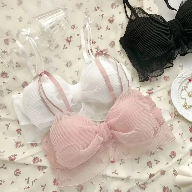 Sexy Lace Tulle Bikini Push Up Bra Bow Womens Underwear Female Sexy Japanese Sweet Wireless Lingerie Girl Comfortable Bralette