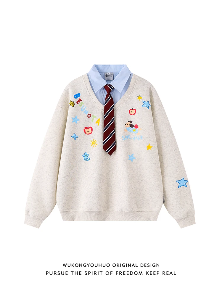 

American College Sle Cartoon Print irt Collar Sweatirt Men Loose Versatile Couple Long Sve with Tie Youth Trend