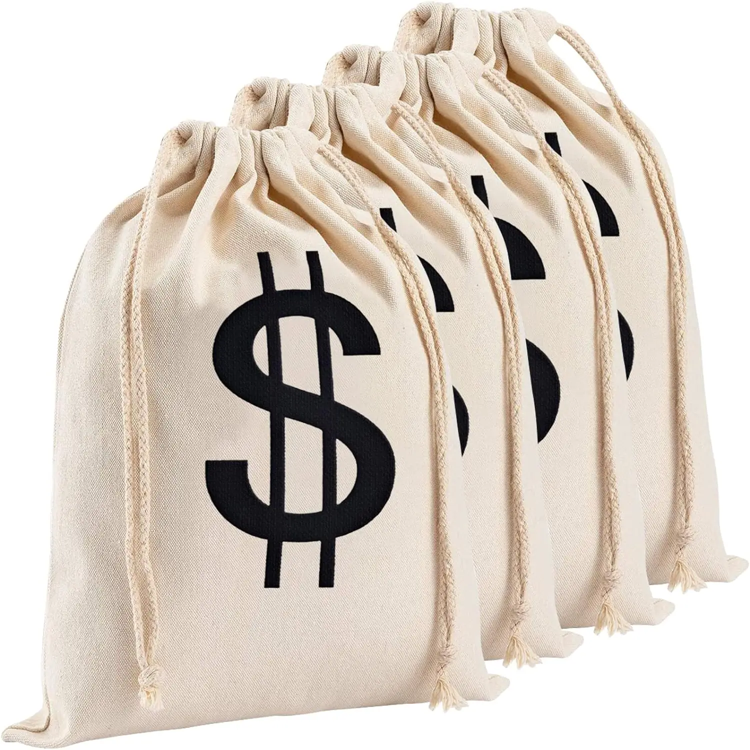 Canvas Money Bags for Party, Costume Money Bag Prop with Dollar Sign,  Money Sacks for Christmas Cosplay Theme Party (4 Packs)