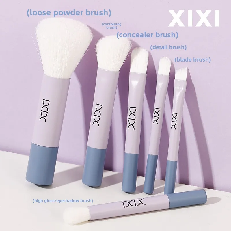 루스 파우더 파운데이션 블러쉬 컨투어 하이라이트 코, 미니 초보자 여행 키트를위한 6Pcs 휴대용 페이스 메이크업 브러쉬 세트