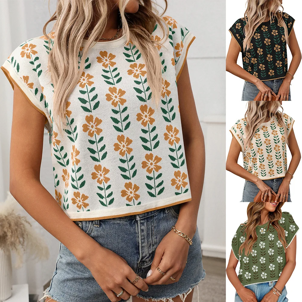 2026 Summer Women's T-Shirt Casual Fashion Short-Sleeve Ribbed Knit Cropped Top Featuring Floral Embroidery