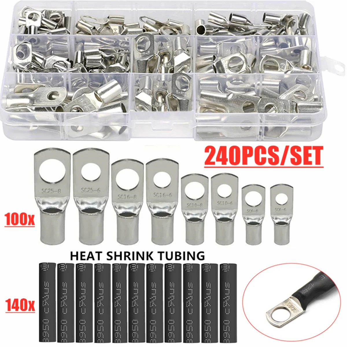 

60/140/240 Pcs Assortment Copper Lug Ring Car Battery Terminals Electrical Wire Crimp Connector With Cover Automotive Kits