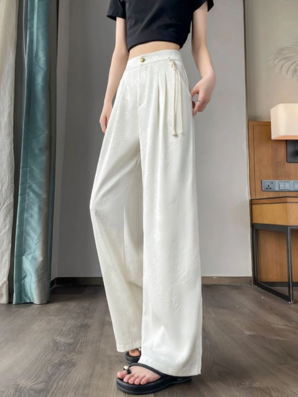 Nieuwe Chinese Sle Hoge Taille Wijde Pijpen Broek Vrouwen Zomer Afslanken Drapey Losse Acetaat Satijn Casual Broek Rechte Pijpen