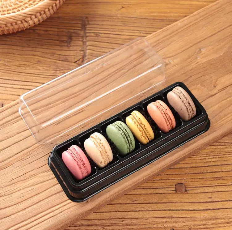 6 Cavity Macaron Packing Box Black Plastic Rectangular Baking Packing Box With Clear Lid SN4429