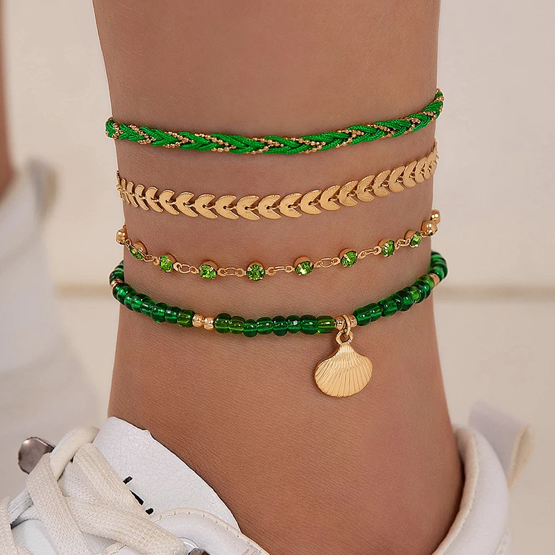 Tocona Colour Beaded Weaving Shell Pendant Anklets for Women Bohemian Leaf Multilayer Foot Chain 4pcs/Set Summer Beach Jewelry