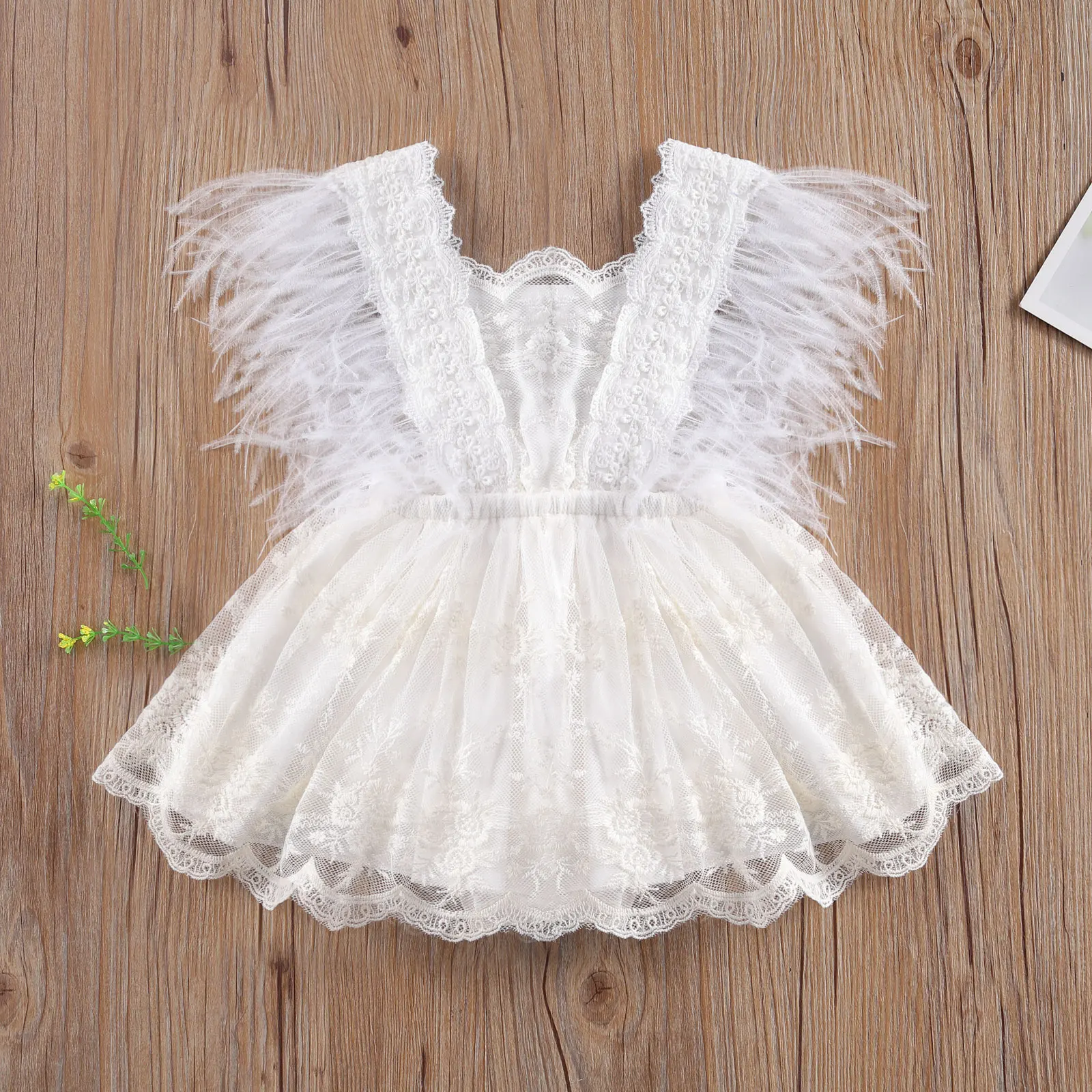 Baby Girls Lace Romper Dress Newborn Photography Props clothing  Feather Embroidery Princess Party Toddler Infant Outfit