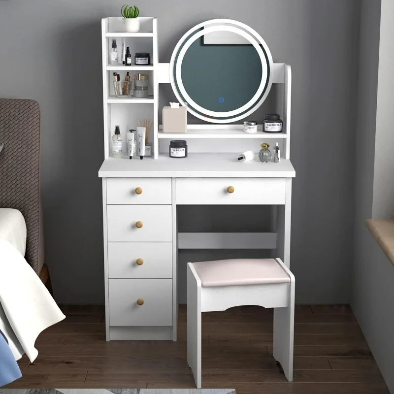 Ensemble de vanité avec miroir rectangulaire, table de maquillage, étagères, bureau de commode et ensemble de tabouret en baume