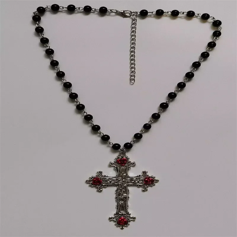 2022 Large Detailed Cross Drill Pendant Jewel Necklace Black Rosary Gothic Punk Jewellery Fashion Charm Statement Women Gift