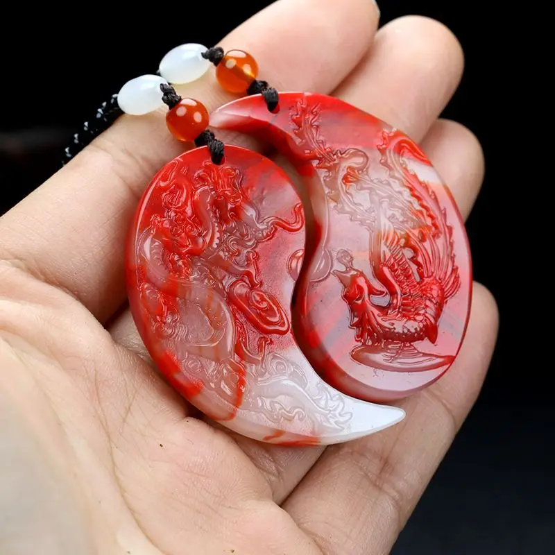 

Натуральный красный нефрит Дракон Феникс Ожерелье Мужчины Женщины Натуральная курица Кровь Камень Нефритовый кулон Дракон и Феникс Пара ожерелий