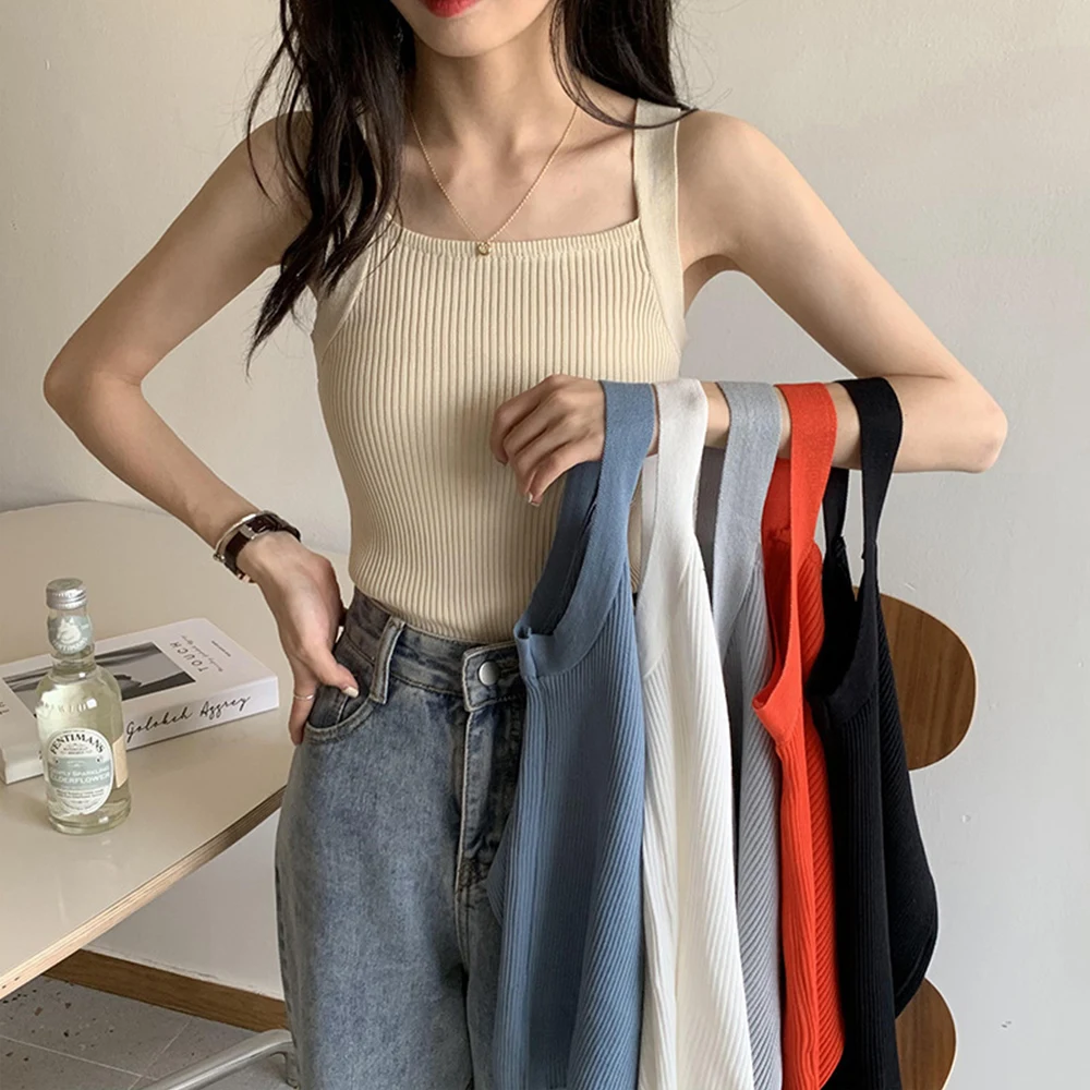 Solid Color Knitted Tank Top For Women Square Neck Sleeveless Vest Crop Tops Sexy Basic Striped T Shirt Female Summer Camisole