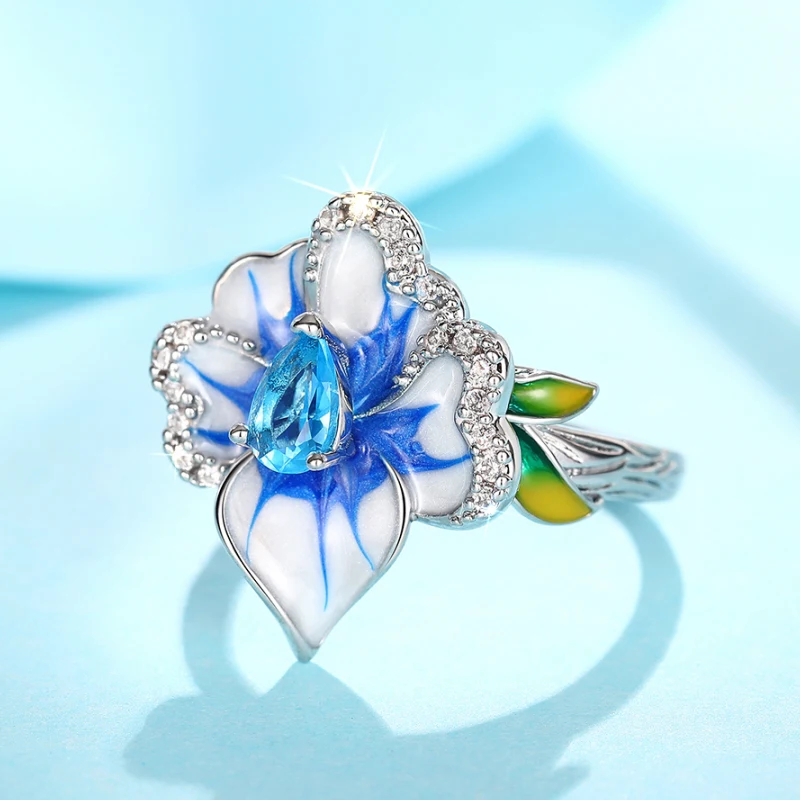 Huitan, diseño único de flor azul esmaltado, anillos para mujer, pera, cielo azul, CZ, anillos estéticos para mujer, joyería elegante para fiesta de boda para mujer