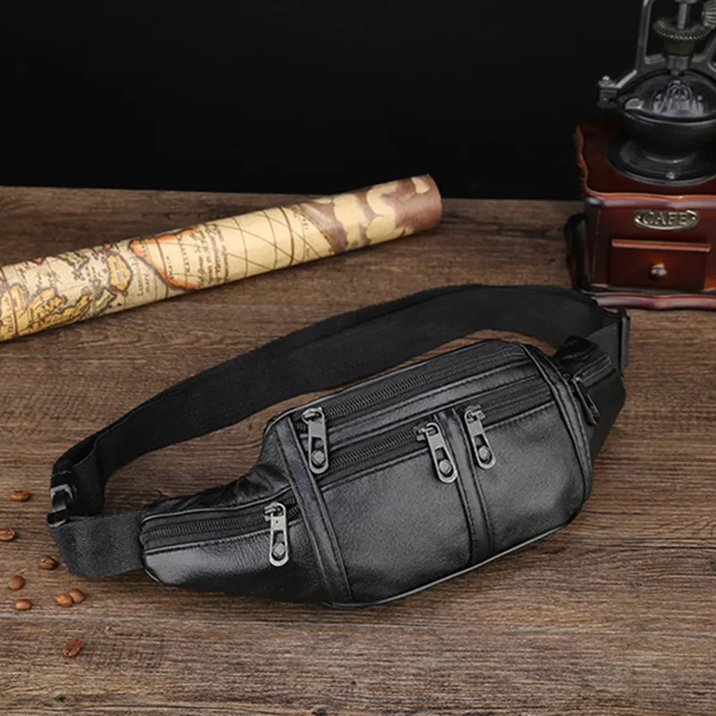 Riñonera deportiva de cuero PU para hombre, bolso de cintura para el pecho, resistente al agua, para exteriores, multifunción, color negro