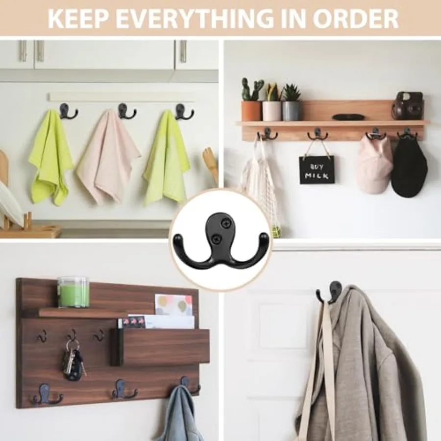 14 Pack Coat Hooks, Heavy Duty Double Prong Coat Hooks Wall Mounted with 28 Screws, No Rust Black Metal Wall Hooks for Hanging