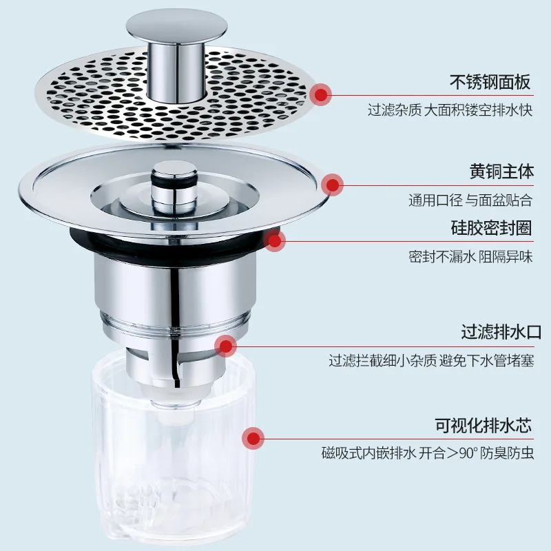 Universal Basin Pop-Up Bounce Core Sink Drain Filter Shower Hair Catcher Stopper Bathtub Strainer Trap for Kitchen Bathroom Tool