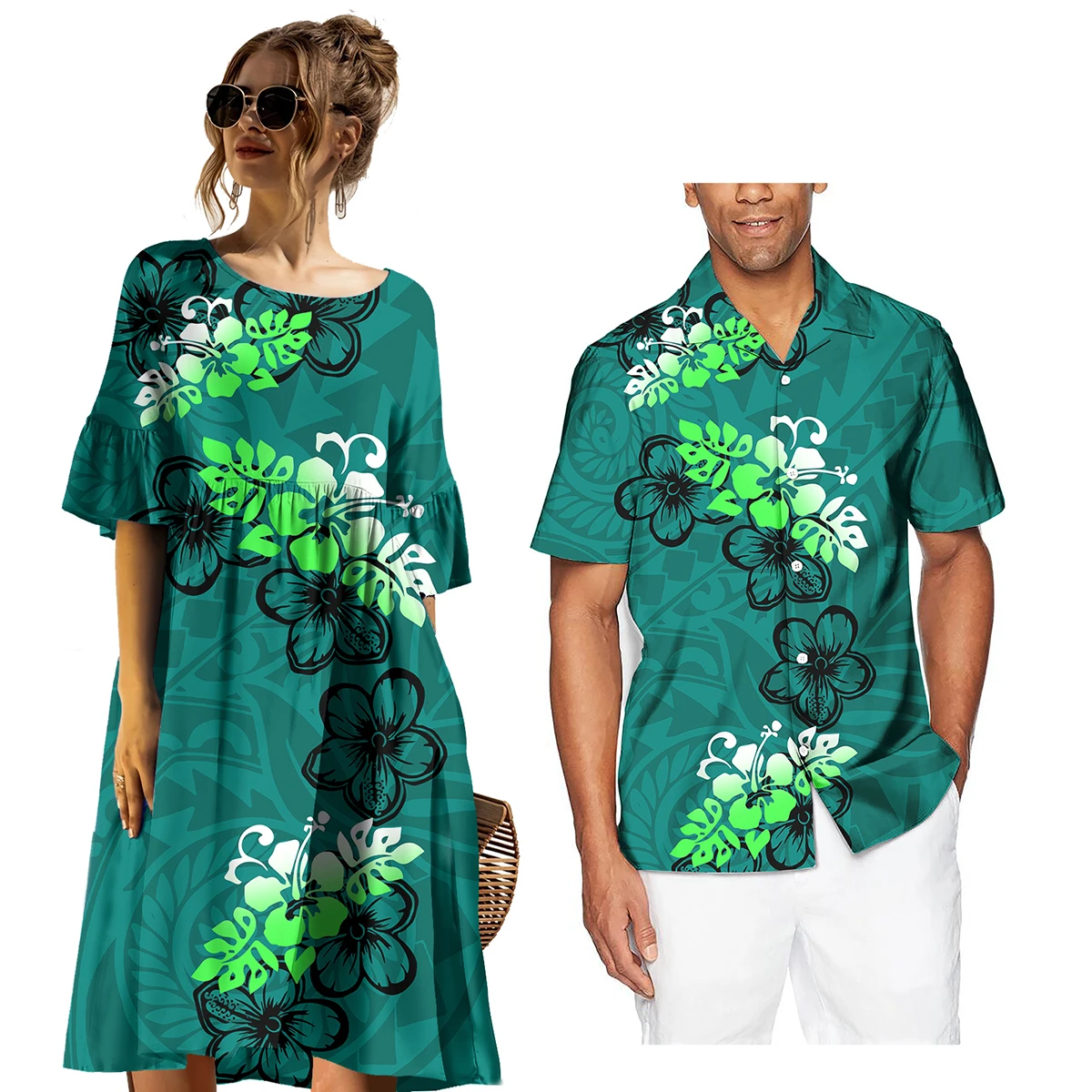 Big Size Women's Dress Customization Polynesian Samoan tribe Girl Short Sleeve Dress Match Hawaiian Shirt Men Couple Sets