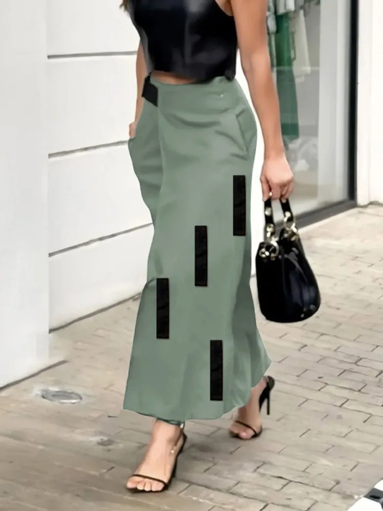 Lemongor Women A-Line Skirts 2025 New Autumn Fashion Asymmetrical Patchwork Split-Joint Pockets Casual Elastic High Waist Skirt