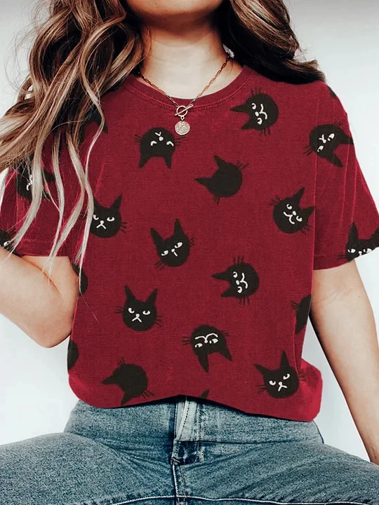 

Japenese Art Printing Black Cat Pattern T Shirt Summer Spring Women Short Sleeved O Neck Breathable Daily Casual T Shirt