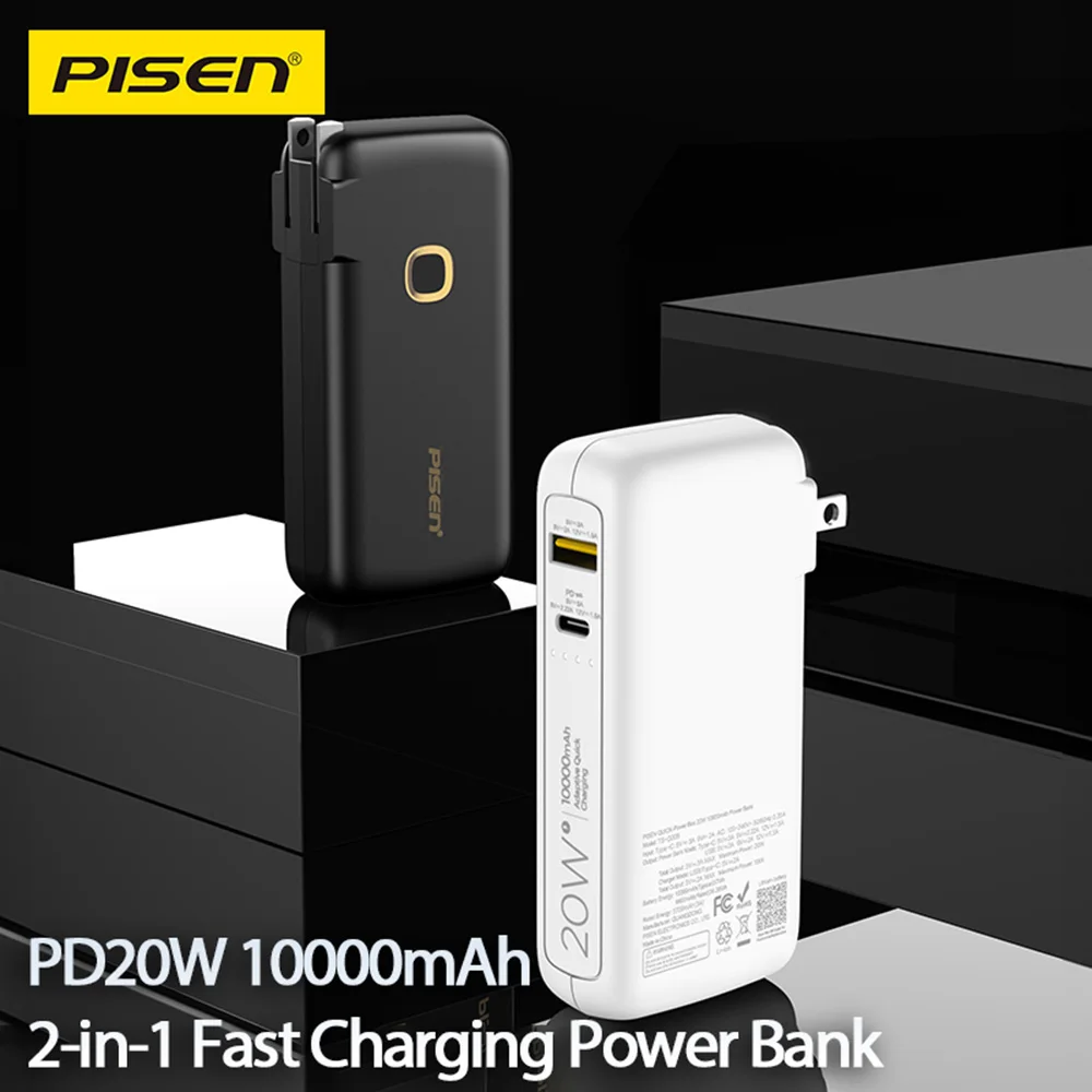 PISEN 10000mAh Power Bank with Built-in AC Plug, PD 20W Fast Charger, 2-in-1 Portable Charger, Dual USB & Type-C Output, LED Power Display, External Battery Pack for Phone