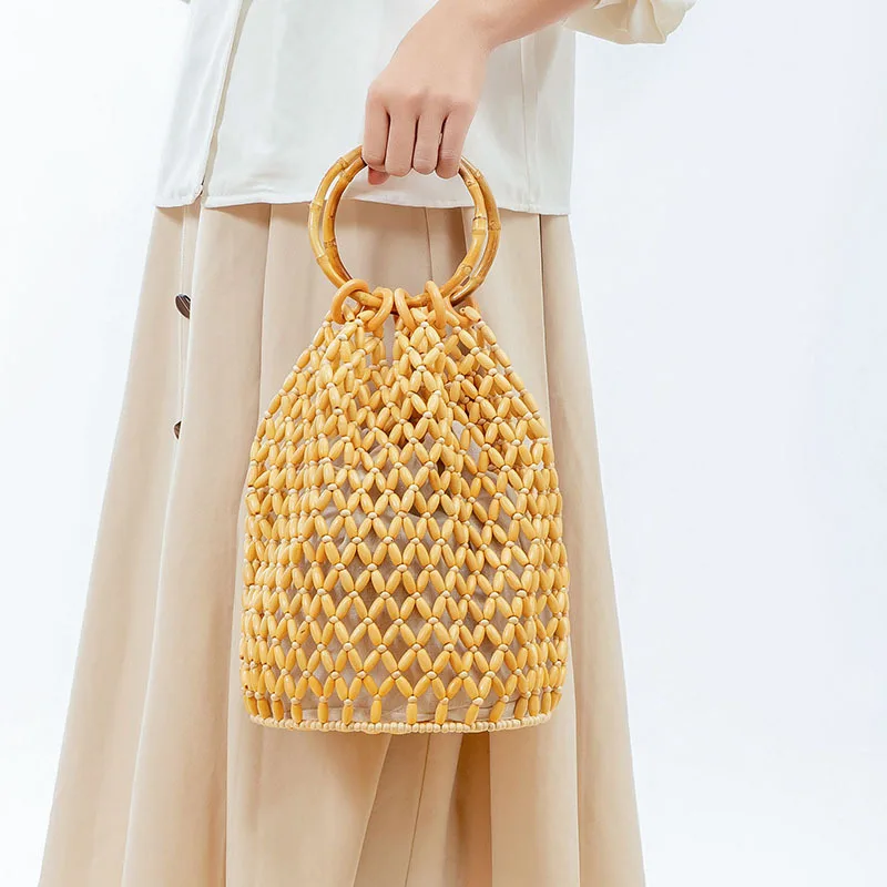 New Fashion Hand Woven Women Handbag Wooden Bead Women Bag Vintage Quality Versatile Hollow Bucket Bag