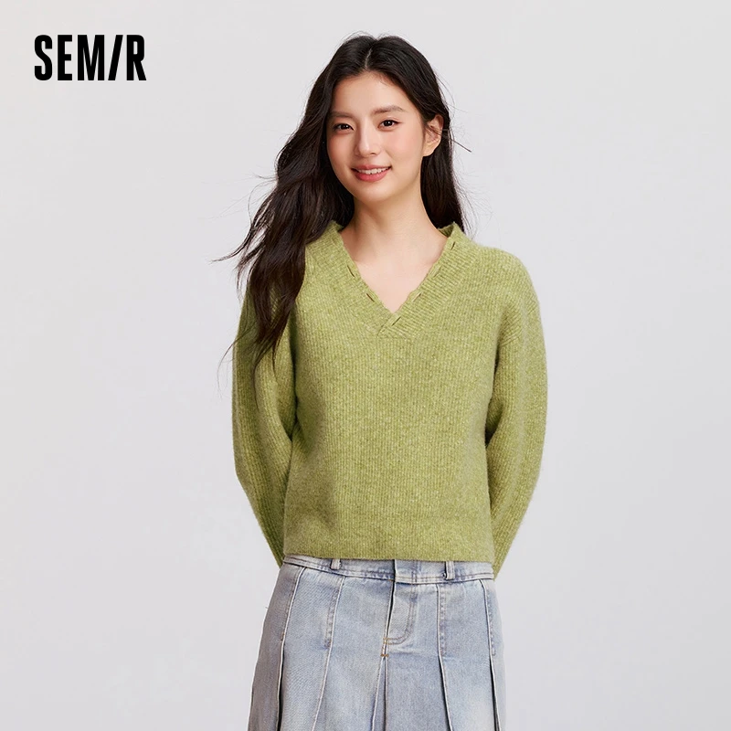 Semir Sweater Women Short Length Wool-Containing Ripped and Trendy 2024 New Winter Loose V-Neck Sweater