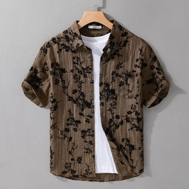 Shirts for Men Floral Print Brown Man Shirt Short Sleeve Casual Slim Fit with Collar Designer Button Up Normal Vintage Elegant