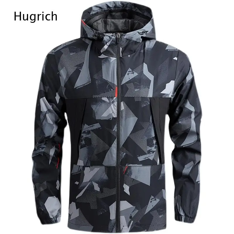 Grey Abstract Geometric Camo Print Hooded Jacket Men Streetwear Outdoor Hiking Windproof Lightweight Zip Up Windbreaker Coat