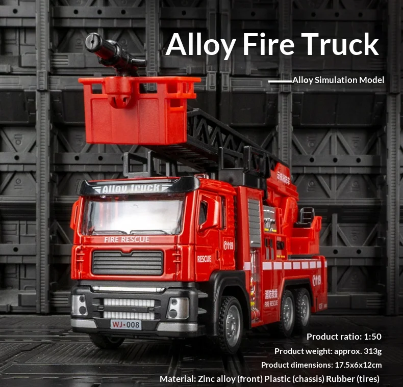 1/50 modelo de brinquedo de carro de motor de incêndio com escada de luz sonora roda de caminhão de bombeiros puxar para trás sprinkler veículo de resgate meninos decoração presentes