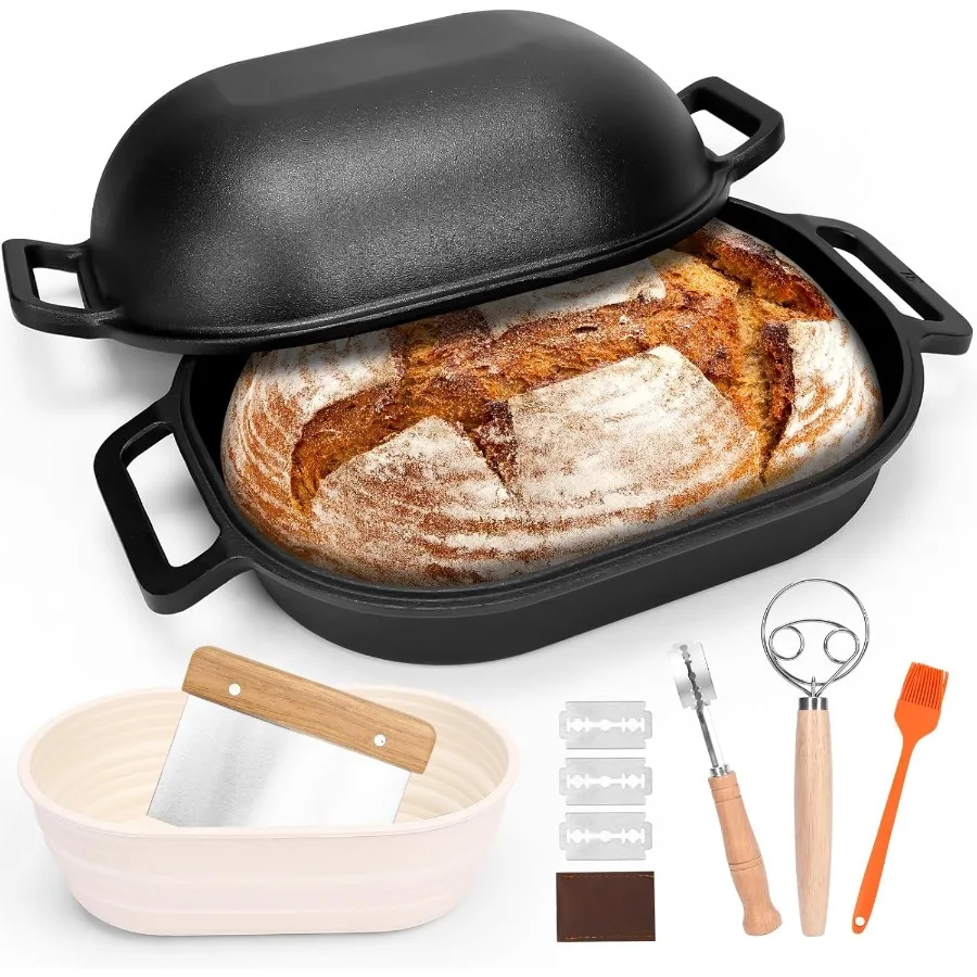 

Large Bread Loaf Pan With Sourdough Bread Making Kit Sourdough Oval Bread Dutch Oven With Lid PreSeasoned 9.5QT 13 LBS Heavy Du