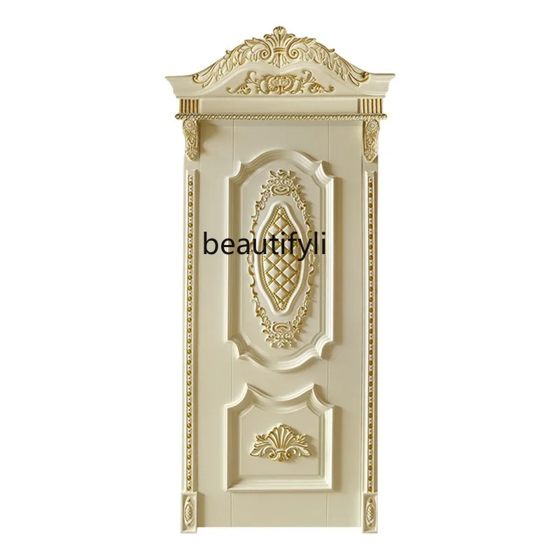 European-Style Gold Wooden Door Luxury Carved Bedroom Door Silver Composite Paint Inner Door