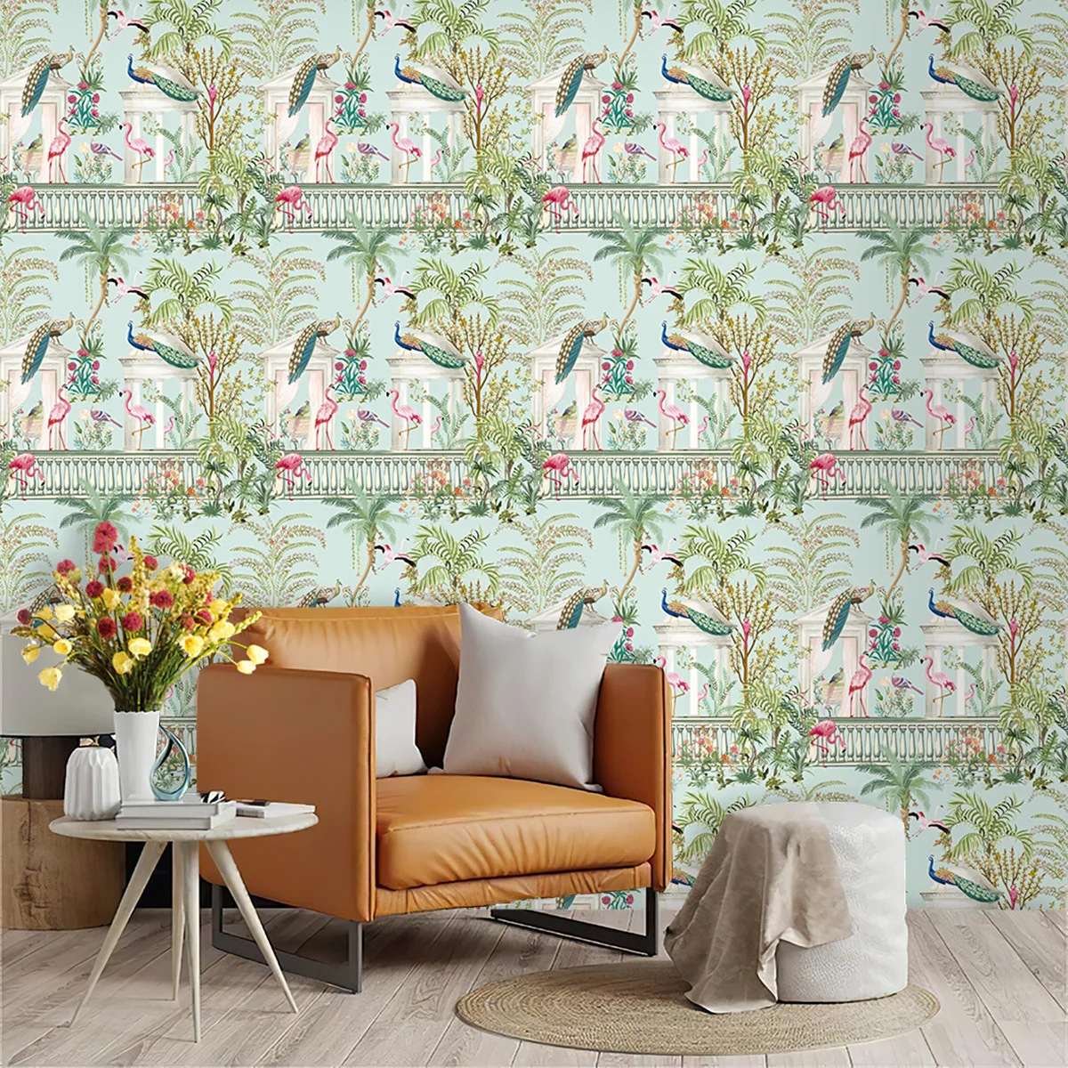 Castle and Flamingo Peacock Standing on The Balcony Peel and Stick Wallpaper Removable Self Adhesive Wall Mural Wall Decor Paper