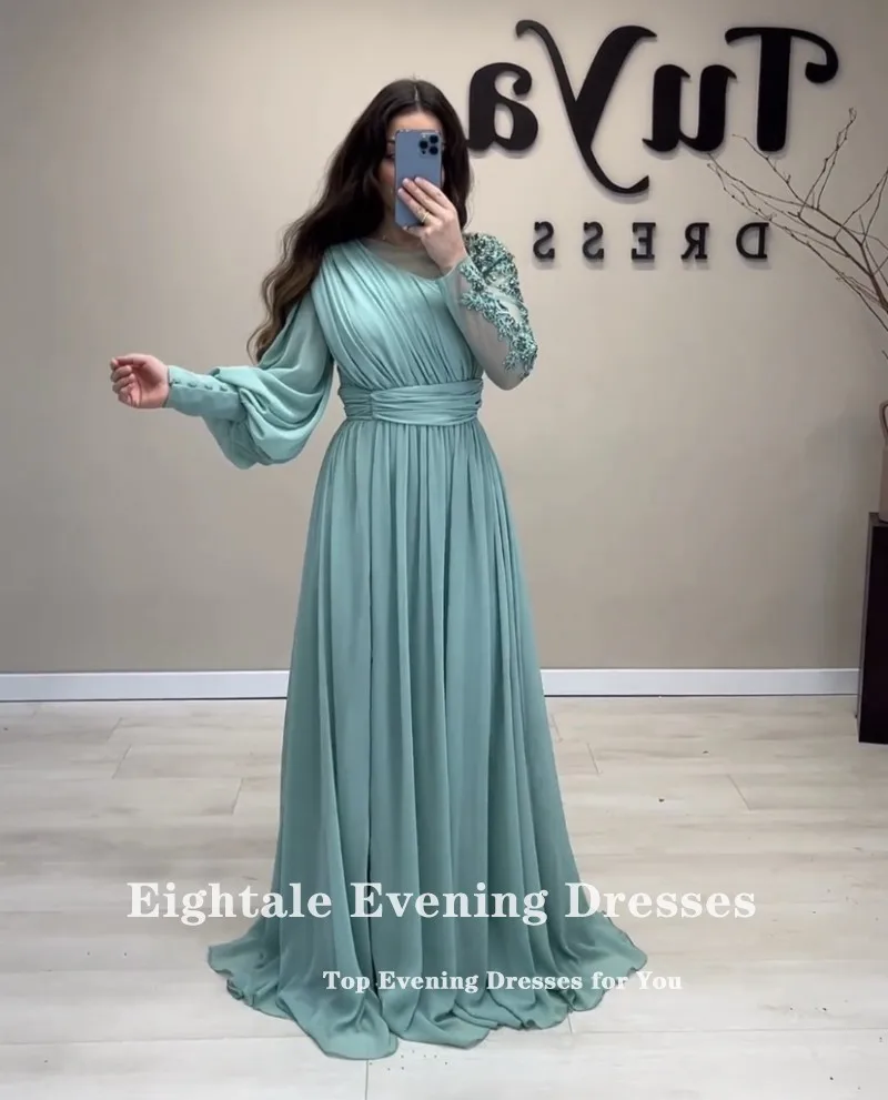 Eightale New Arrival Evening Dresses Chiffon Long Sleeves Appliques Beaded Prom Party Gown Customized vestidos festas e eventos