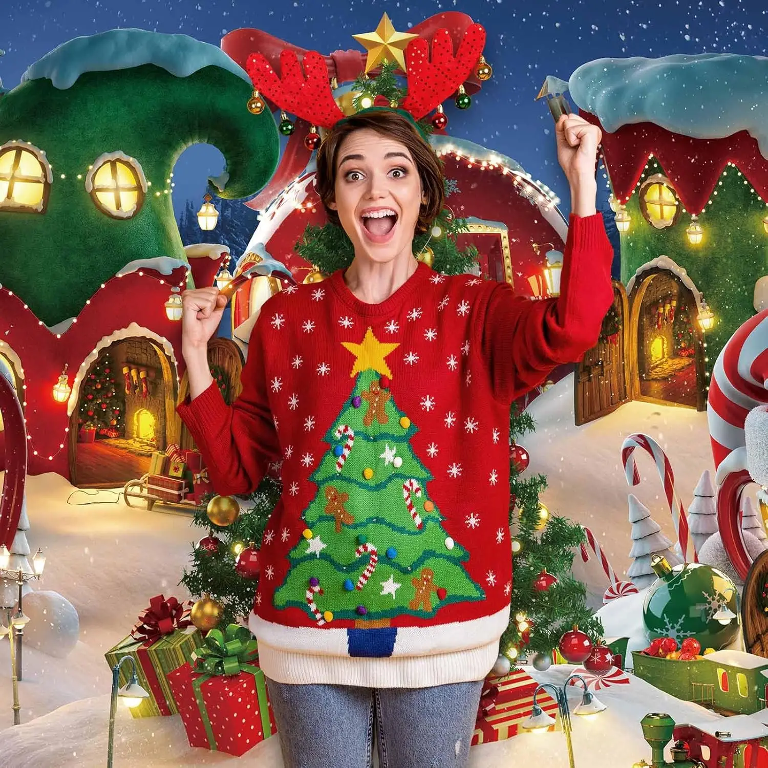 7x5FT Cartoon Christmas Village Photography Backdrop Winter Snow Pine Tree Background Xmas Fairy Tale Animated Kid Party Photo Booth Banner Supplies