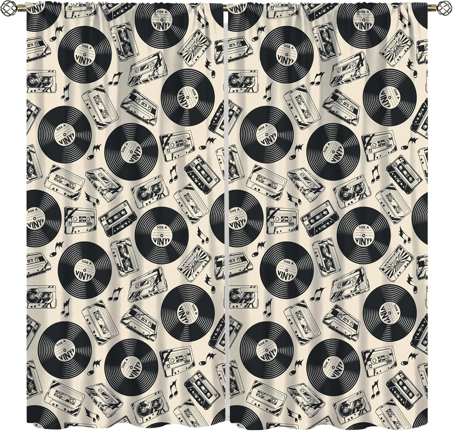 Music Records Curtains, Retro Tape Cassettes Vinyl Records Black Notes Pattern Window Treatment for Kitchen Living Room Bedroom