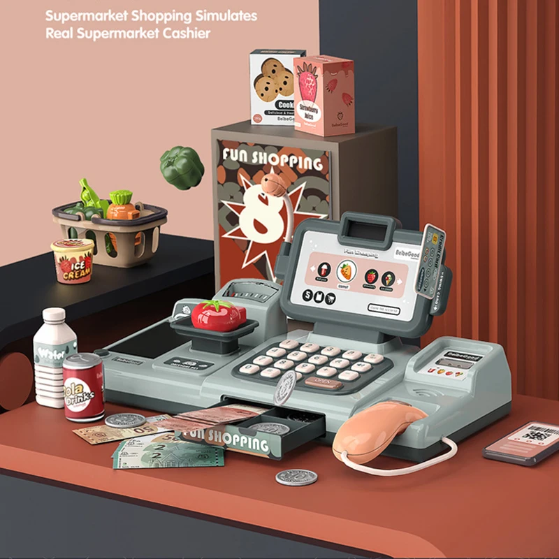 JY-25개 미니 시뮬레이션 전자 슈퍼마켓 계산대 키트 다기능 어린이 역할놀이 세트