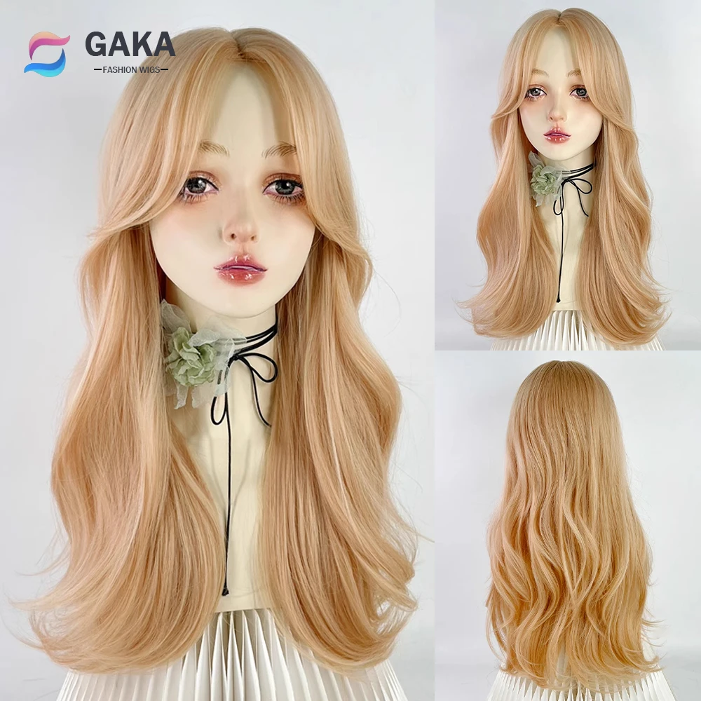 GAKA Orange Long Wavy Women Synthetic Wig Middle Part Lolita Cosplay Fluffy Heat Resistant Wig for Daily Party