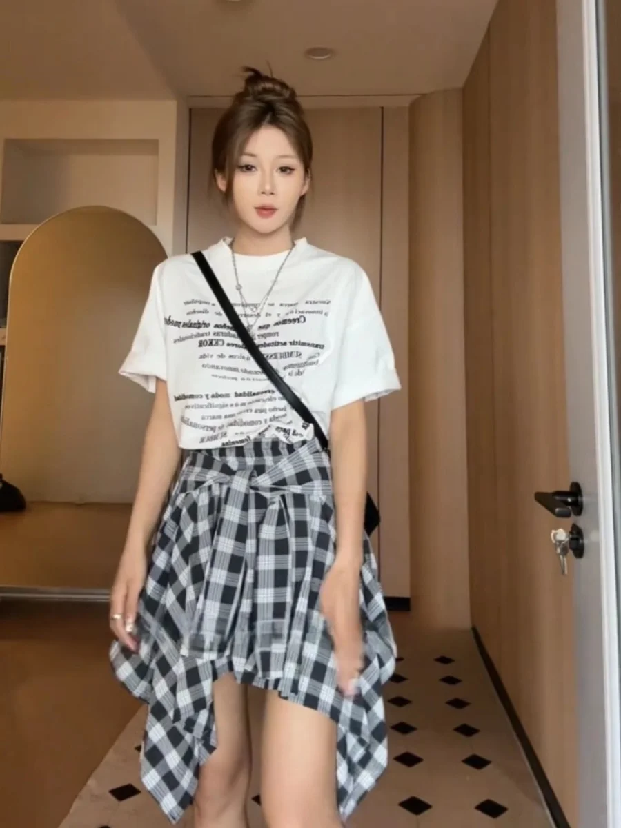 

Женская асимметричная юбка в клетку больших размеров, летняя, новый дизайн, корейский стиль, с высокой талией, А-силуэт, универсальная